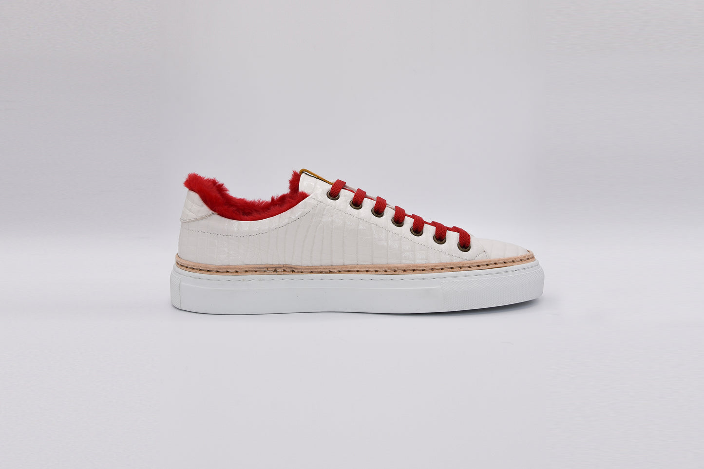 Women’s White Leather Sneakers with Red Eco-Fur