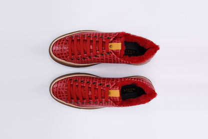 Women’s Red Leather Sneakers with Red Eco-Fur