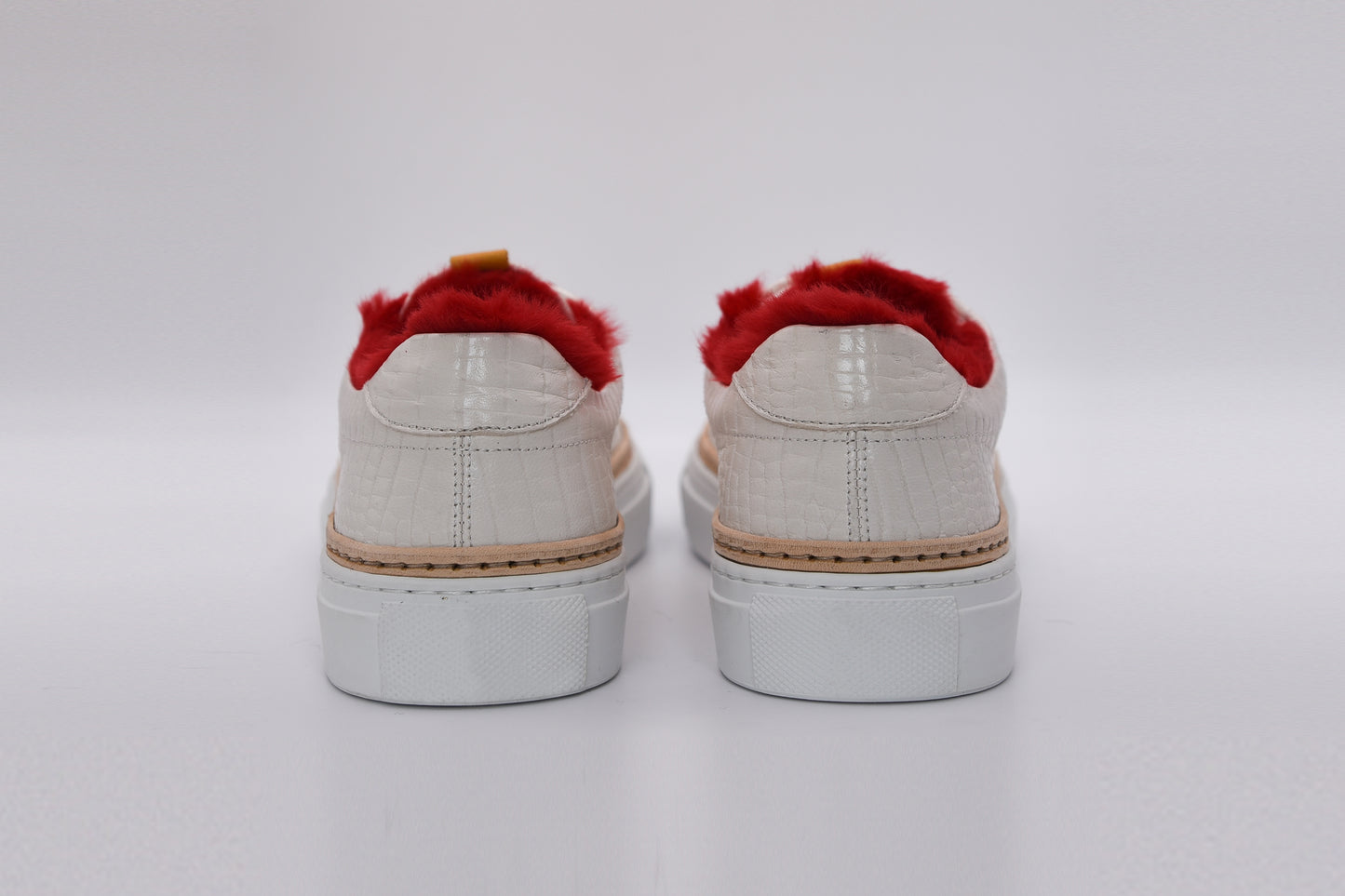 Women’s White Leather Sneakers with Red Eco-Fur