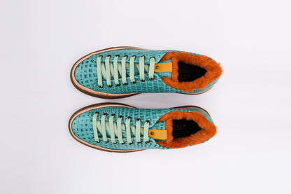 Women’s Mint Leather Sneakers with Tan Eco-Fur