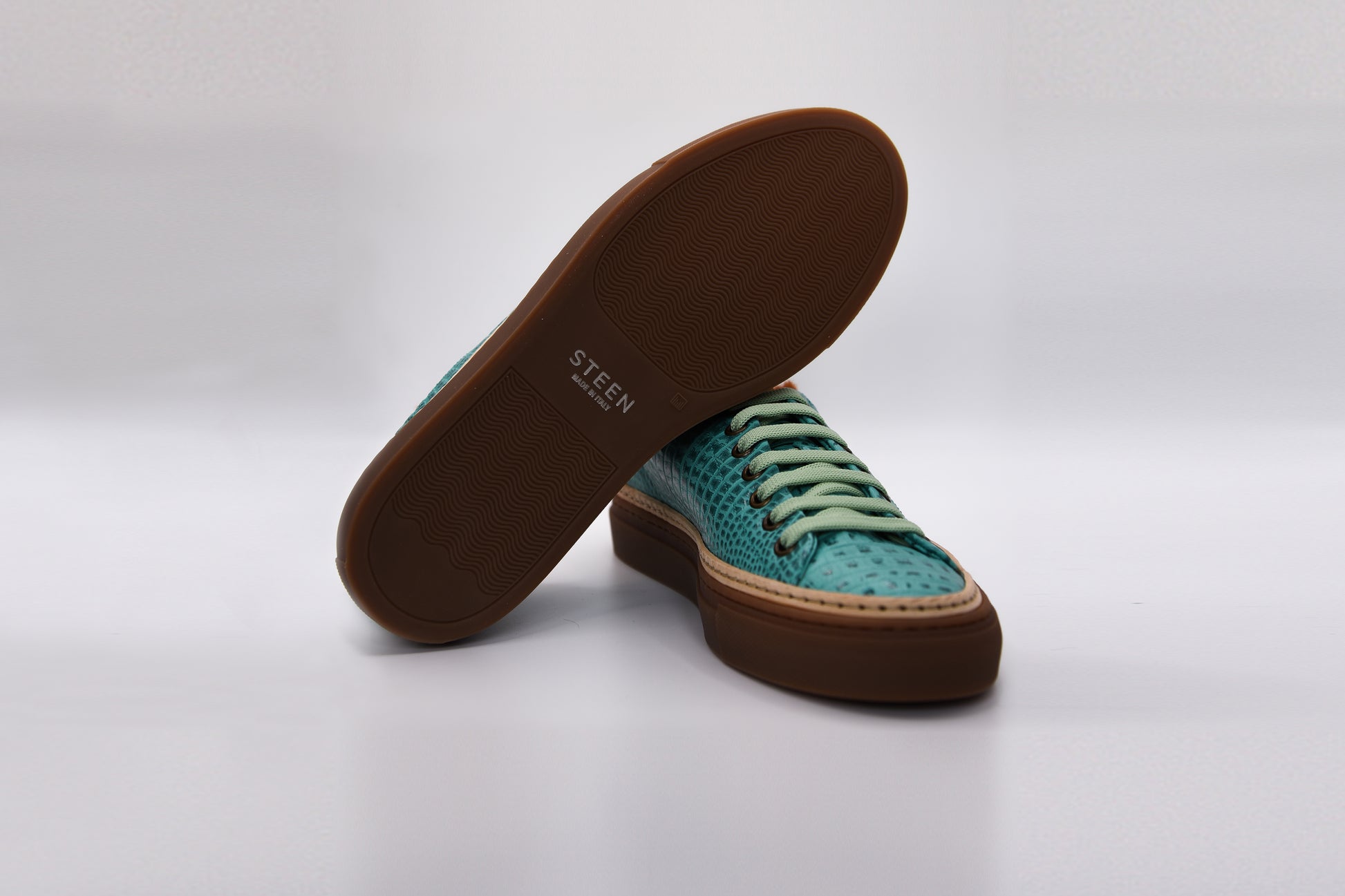 Women’s Mint Leather Sneakers with Tan Eco-Fur