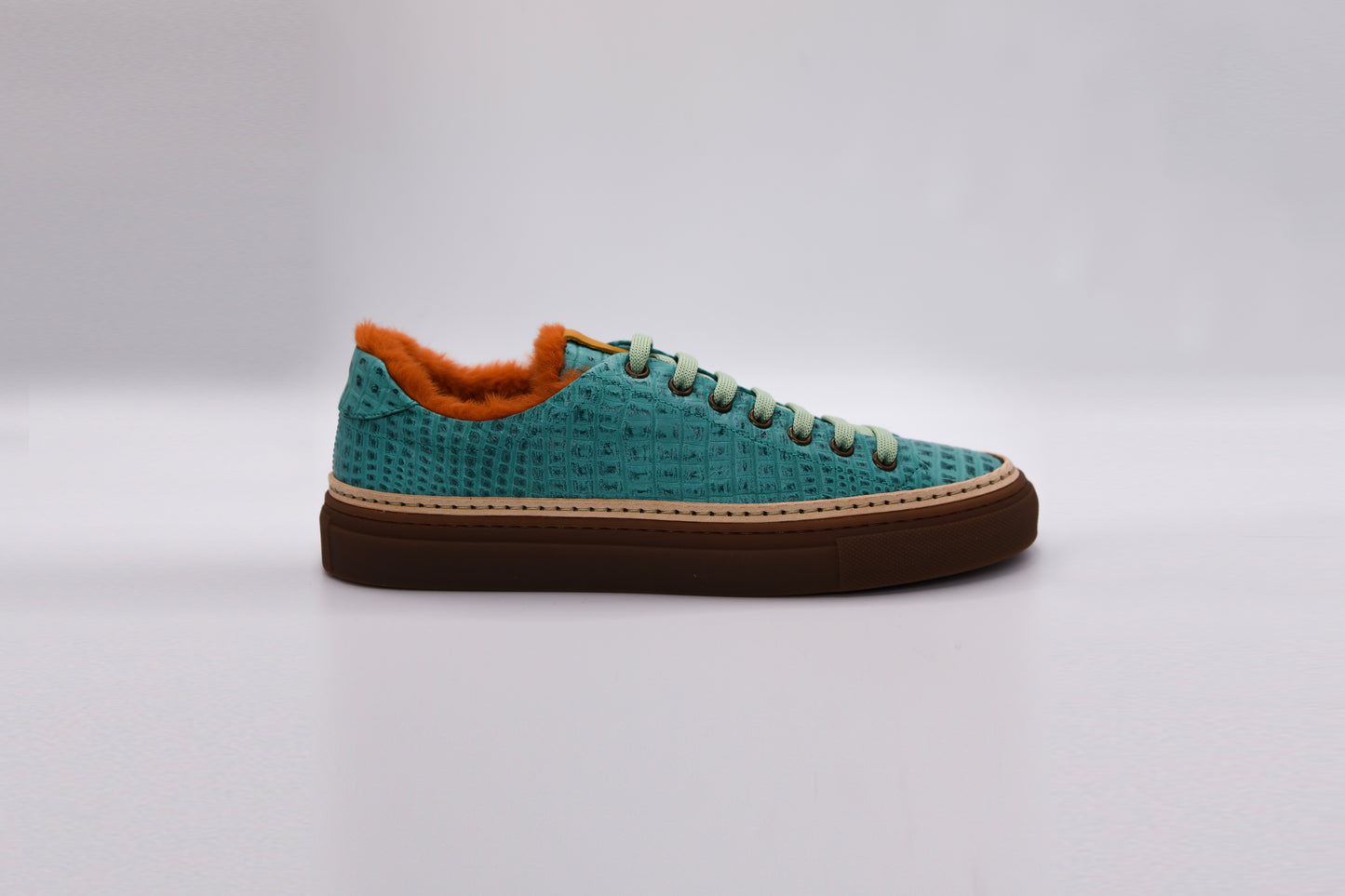 Women’s Mint Leather Sneakers with Tan Eco-Fur