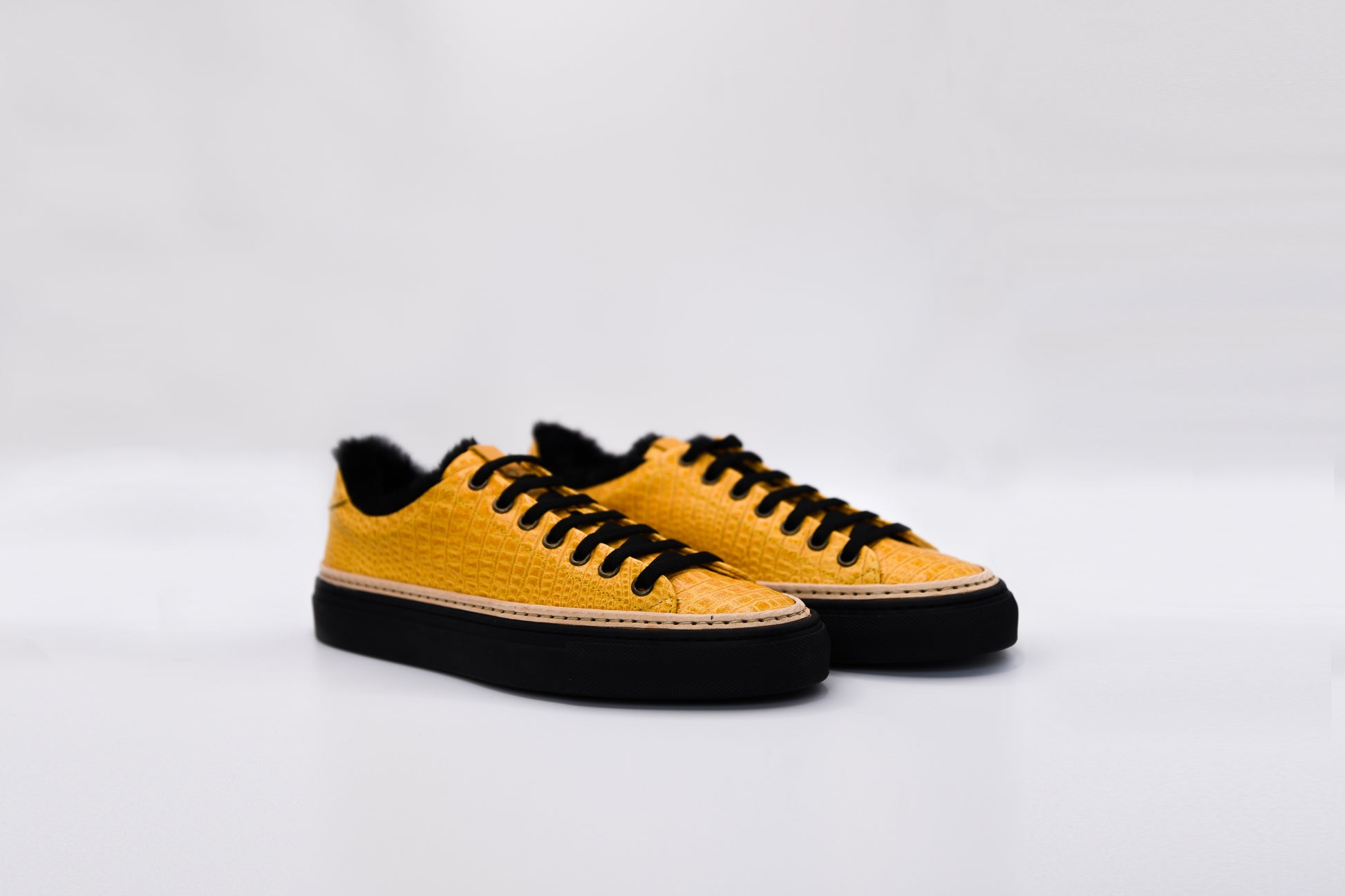 Men’s Yellow Leather Sneakers with Black Eco-Fur