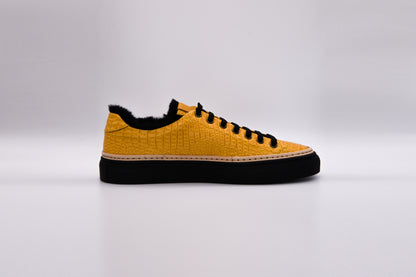 Men’s Yellow Leather Sneakers with Black Eco-Fur
