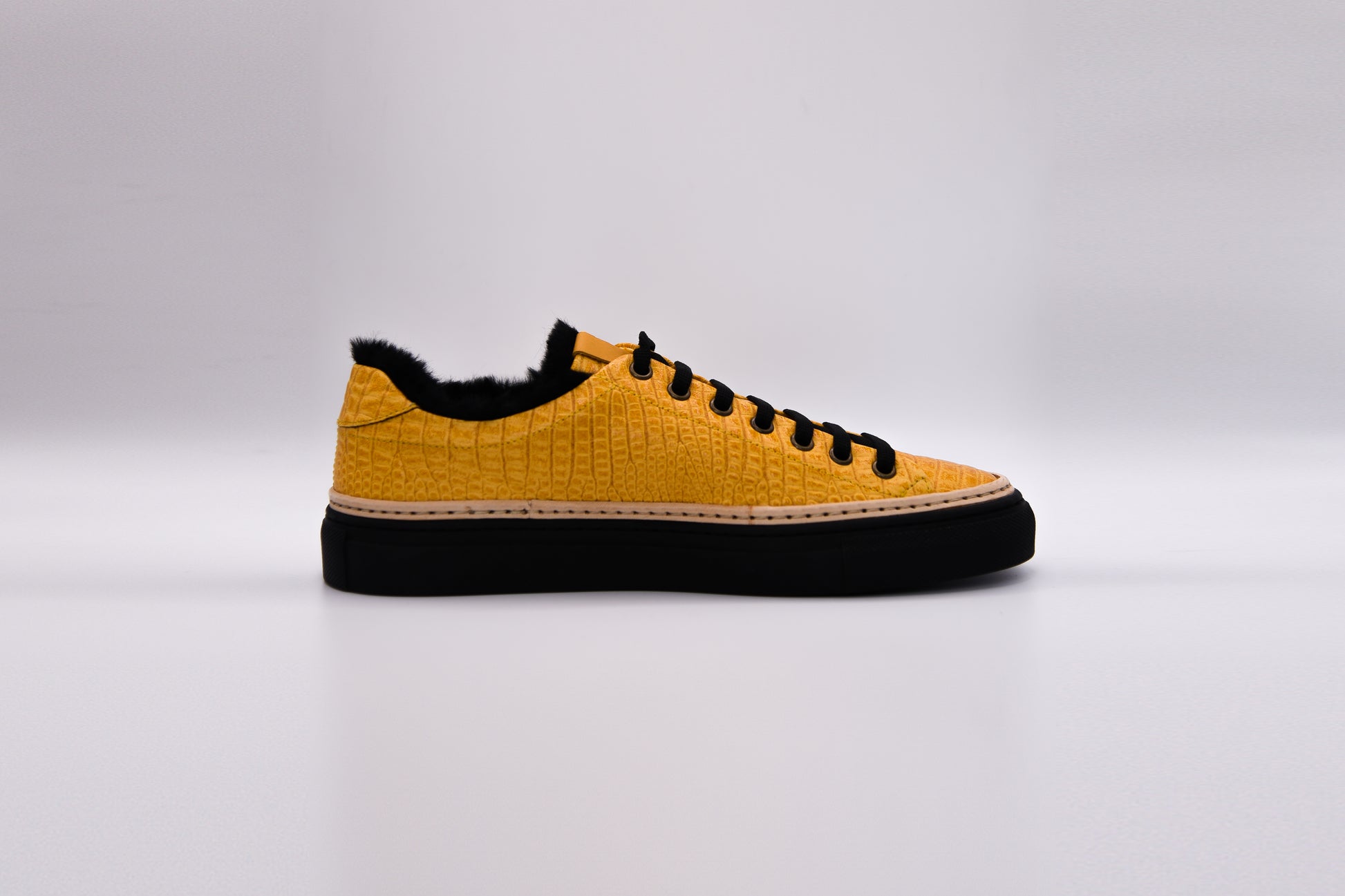 Women’s Yellow Leather Sneakers with Black Eco-Fur