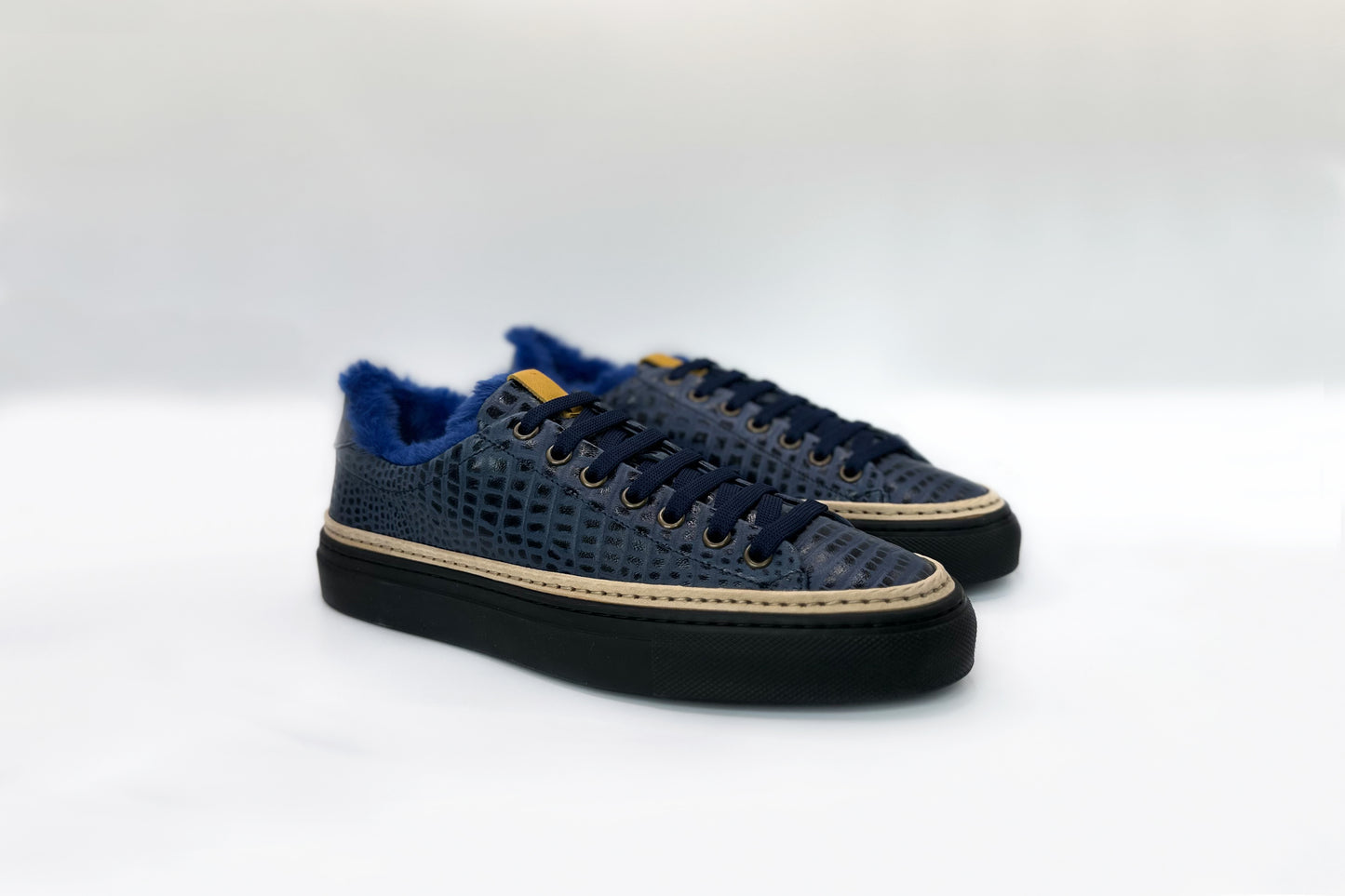Women’s Navy Blue Leather Sneakers with Blue Eco-Fur