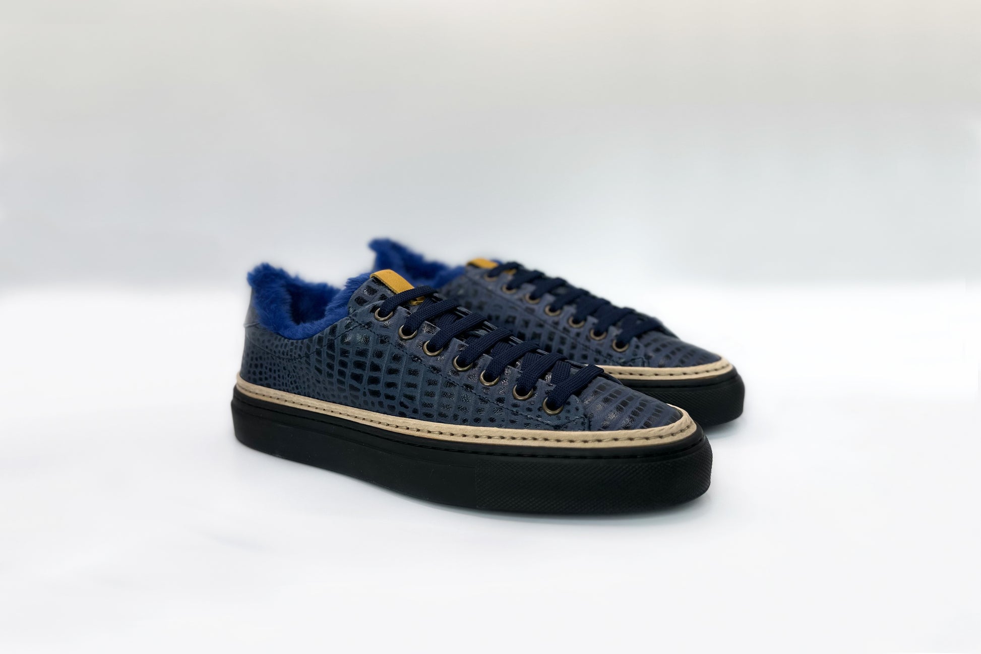 Women’s Navy Blue Leather Sneakers with Blue Eco-Fur