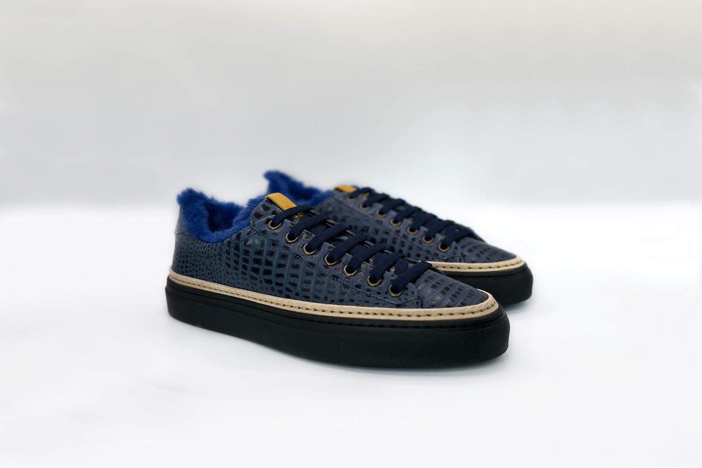 Men’s Navy Blue Leather Sneakers with Blue Eco-Fur