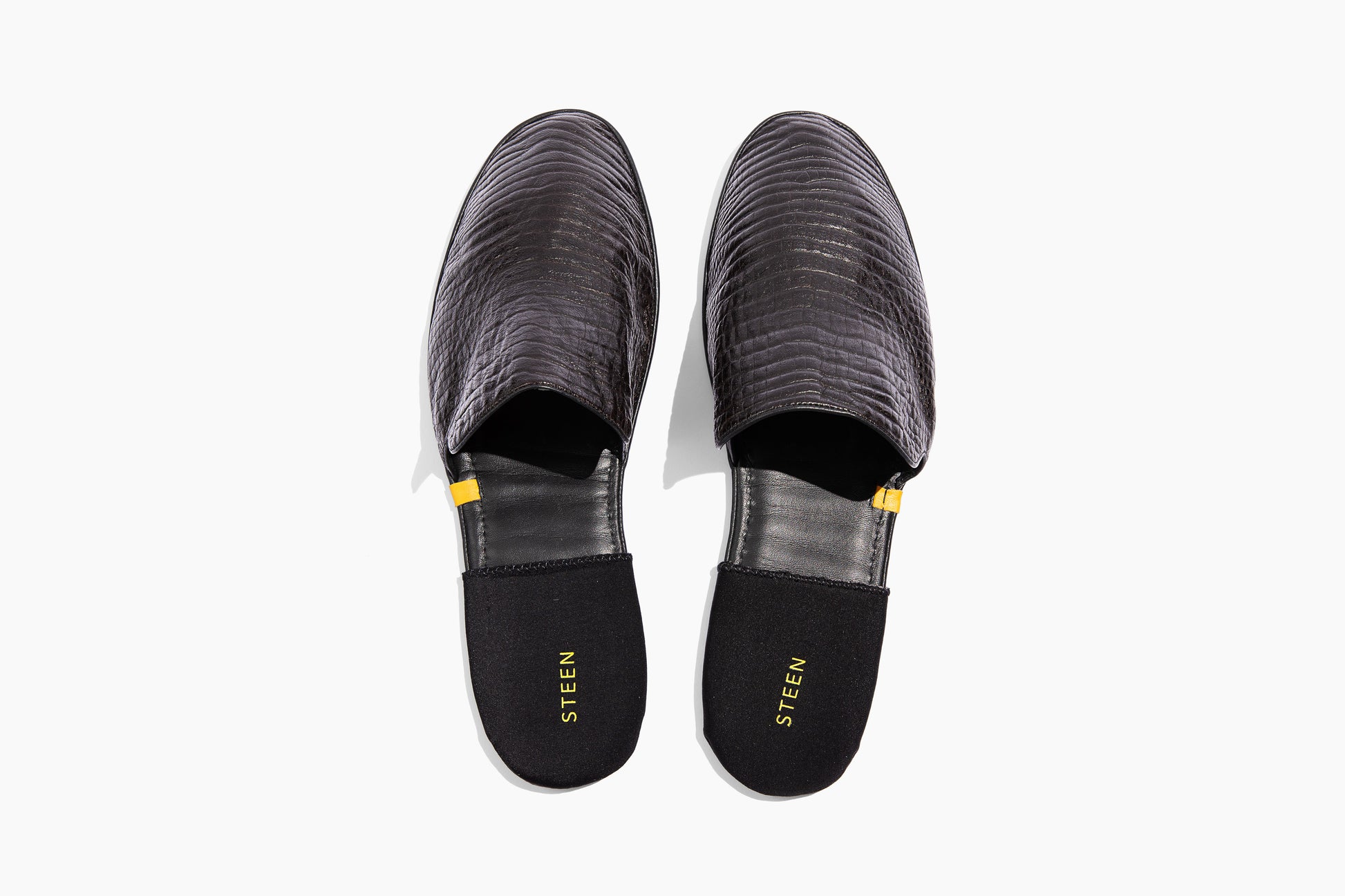 Luxury crocodile embossed leather. Foldable travel slipper. Handmade in Italy.