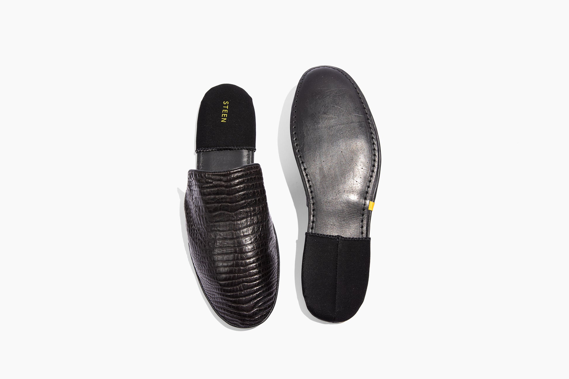 Luxury crocodile embossed leather. Foldable travel slipper. Handmade in Italy.