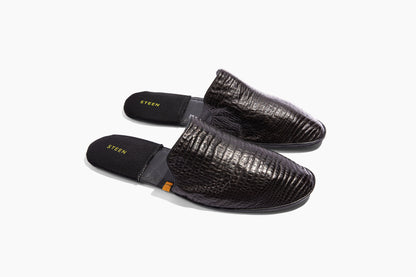 Luxury crocodile embossed leather. Foldable travel slipper. Handmade in Italy.