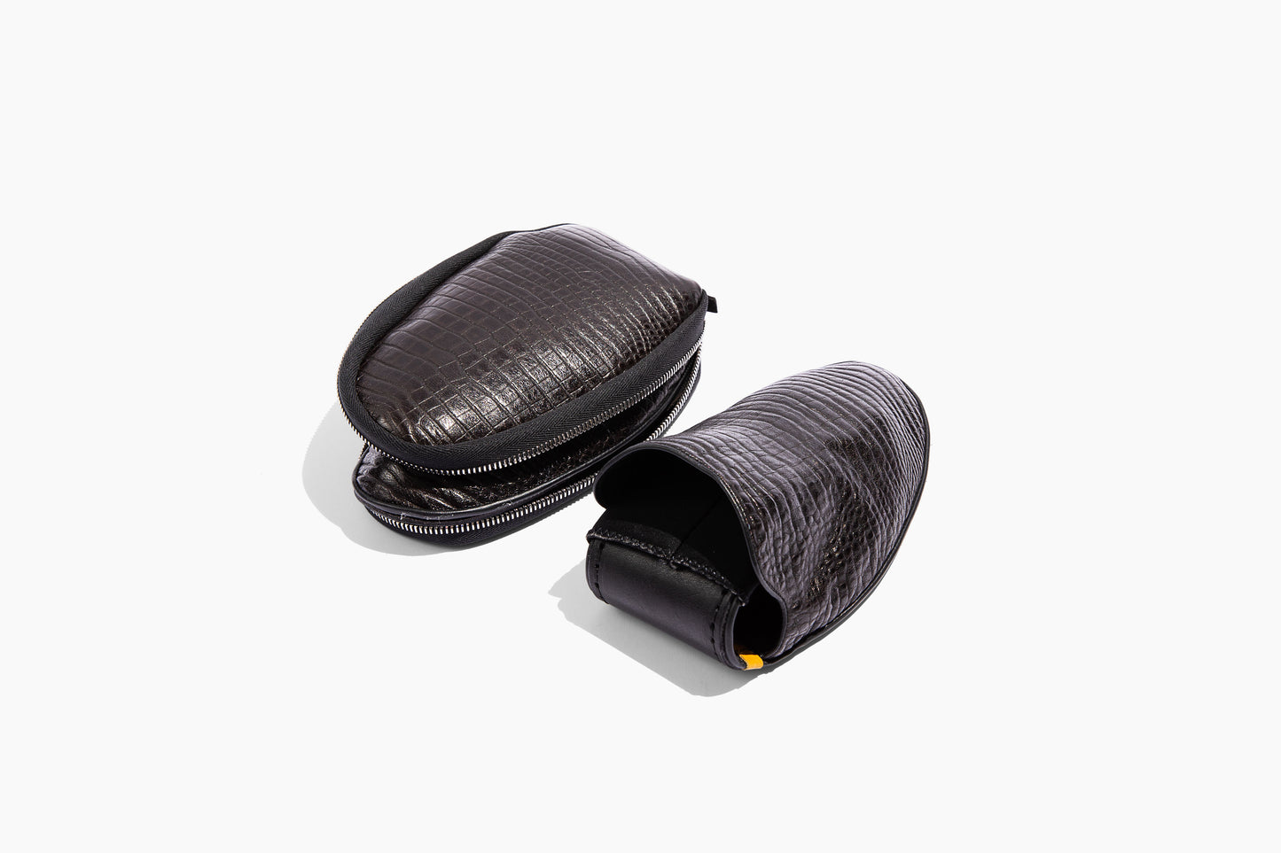 Luxury crocodile embossed leather. Foldable travel slipper. Handmade in Italy.