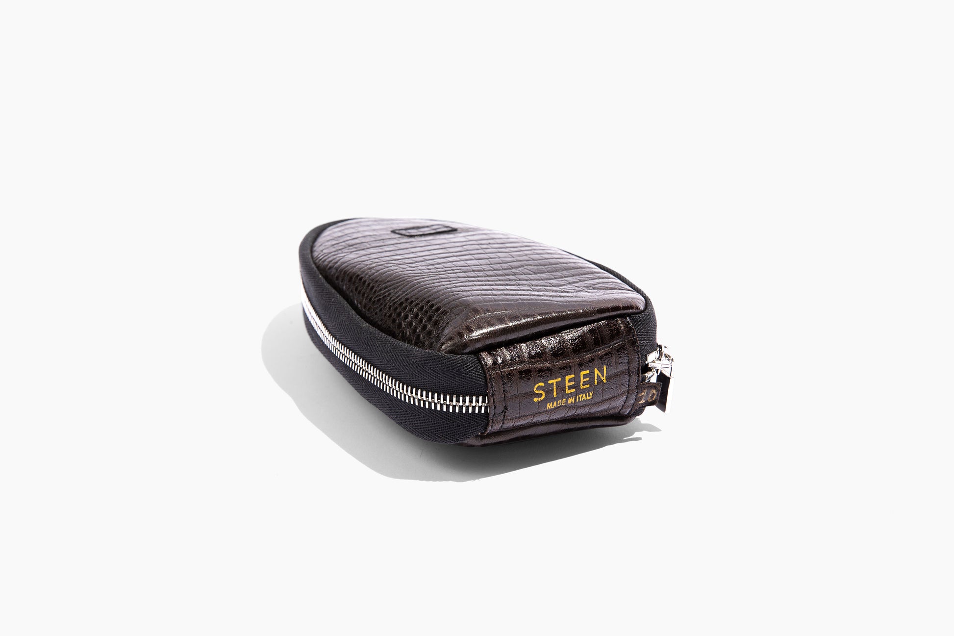 Luxury crocodile embossed leather pouch. Foldable travel slipper. Handmade in Italy.