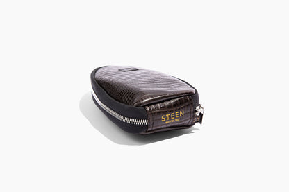 Luxury crocodile embossed leather pouch. Foldable travel slipper. Handmade in Italy.