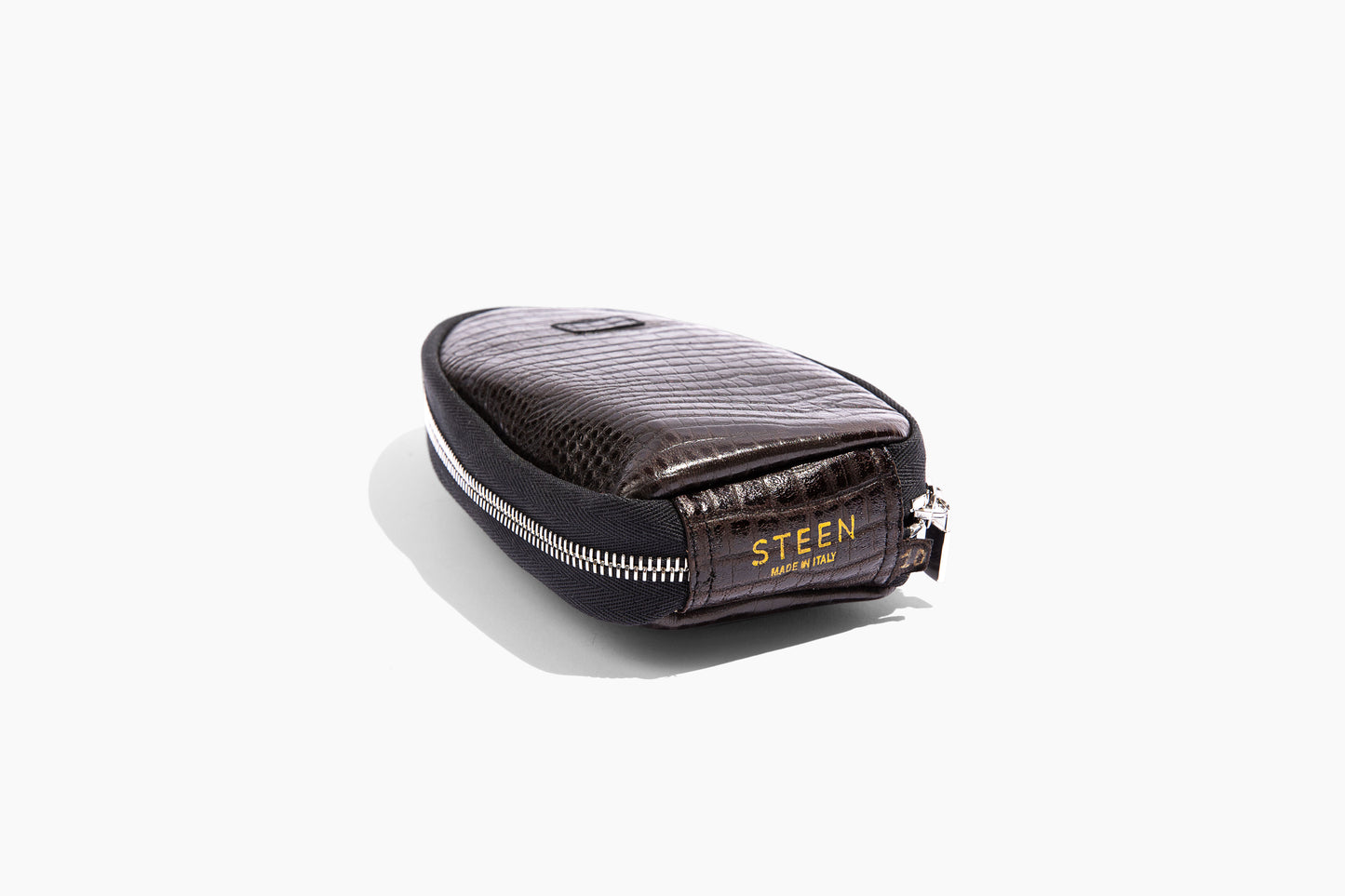 Luxury crocodile embossed leather pouch. Foldable travel slipper. Handmade in Italy.