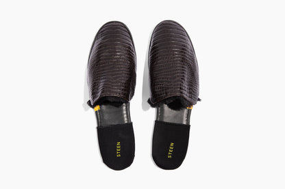Luxury crocodile embossed leather. Black Eco-fur lining. Foldable travel slipper. Handmade in Italy.