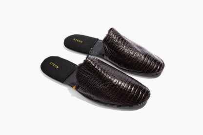 Luxury crocodile embossed leather. Black Eco-fur lining. Foldable travel slipper. Handmade in Italy.