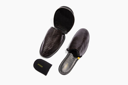 Luxury crocodile embossed leather. Black Eco-fur lining. Foldable travel slipper. Handmade in Italy.
