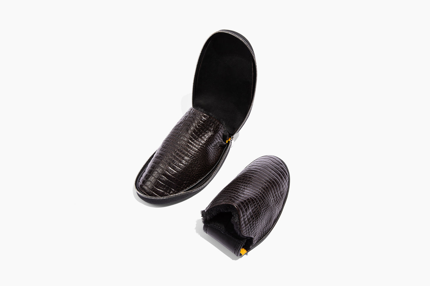Luxury crocodile embossed leather. Black Eco-fur lining. Foldable travel slipper. Handmade in Italy.