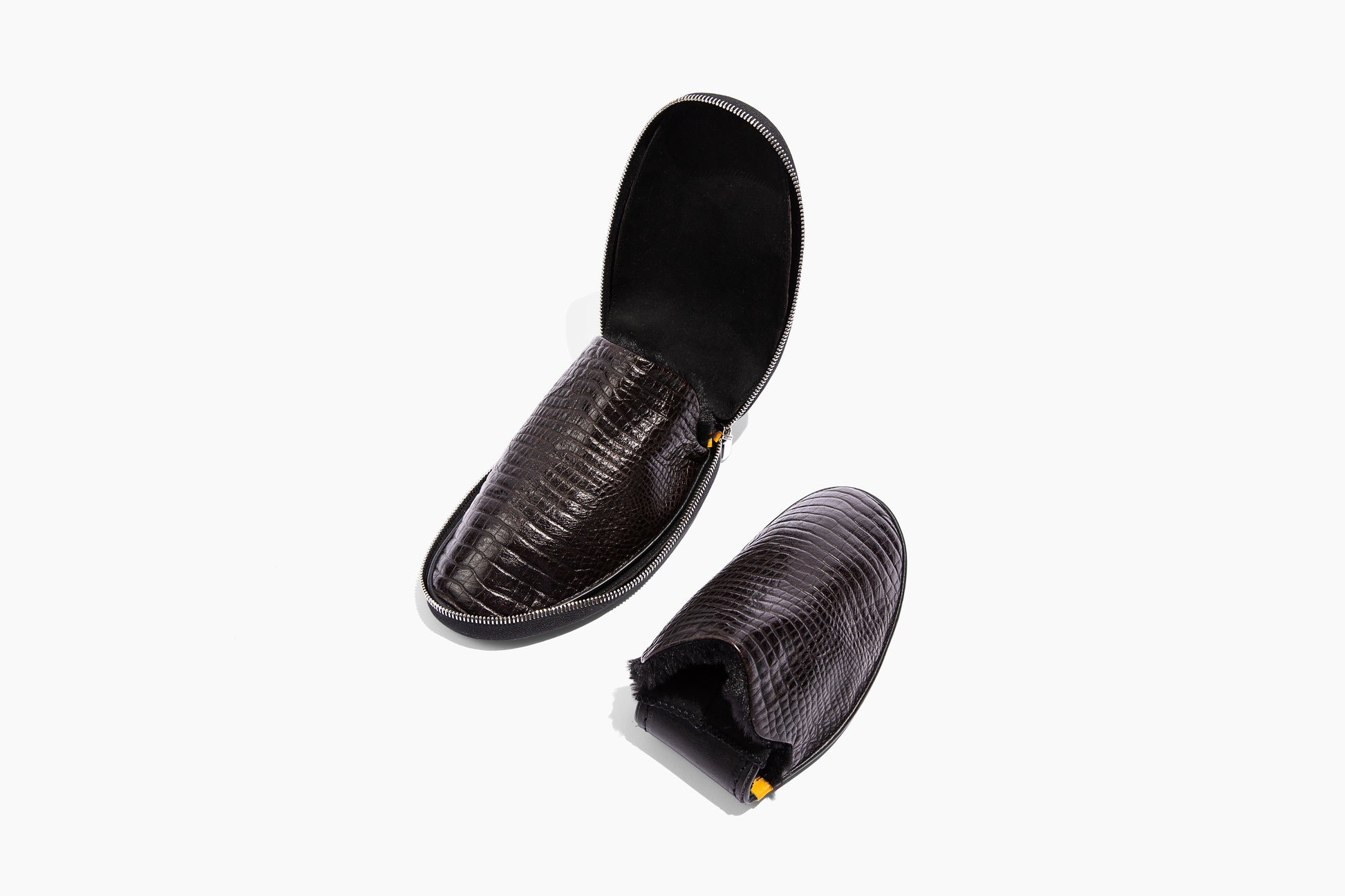 Luxury crocodile embossed leather. Black Eco-fur lining. Foldable travel slipper. Handmade in Italy.