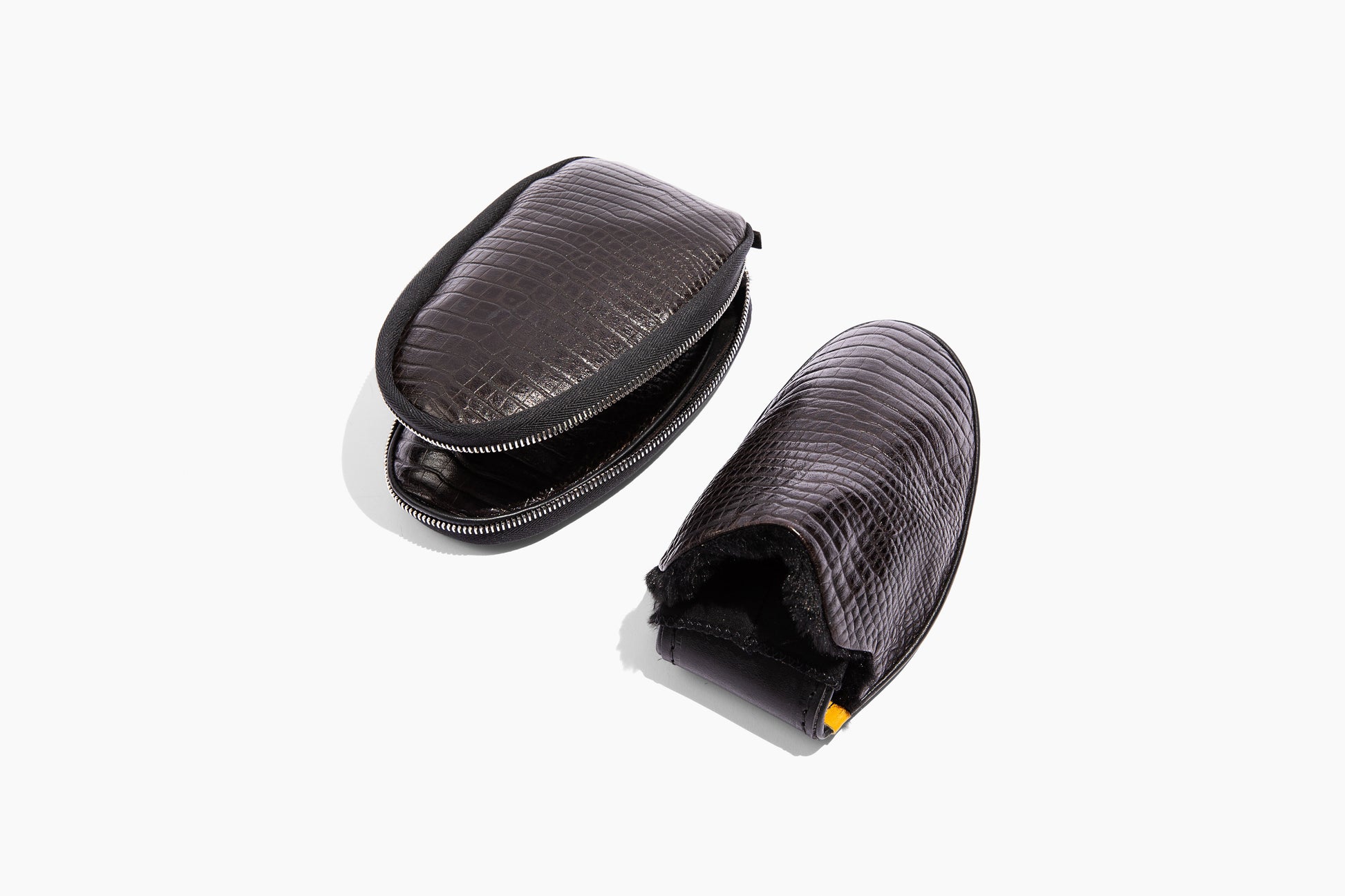 Luxury crocodile embossed leather. Black Eco-fur lining. Foldable travel slipper. Handmade in Italy.