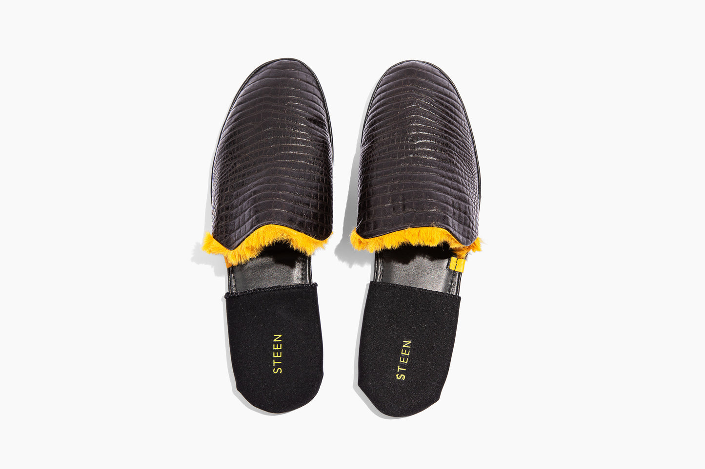 Luxury crocodile embossed leather. Yellow Eco-fur lining. Foldable travel slipper. Handmade in Italy.