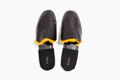 Luxury crocodile embossed leather. Yellow Eco-fur lining. Foldable travel slipper. Handmade in Italy.