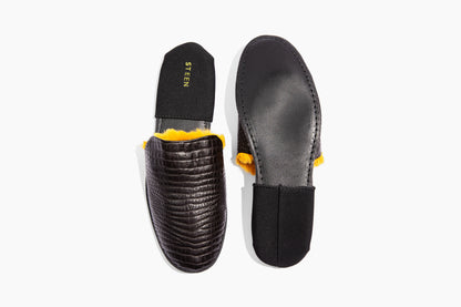 Luxury crocodile embossed leather. Yellow Eco-fur lining. Foldable travel slipper. Handmade in Italy.