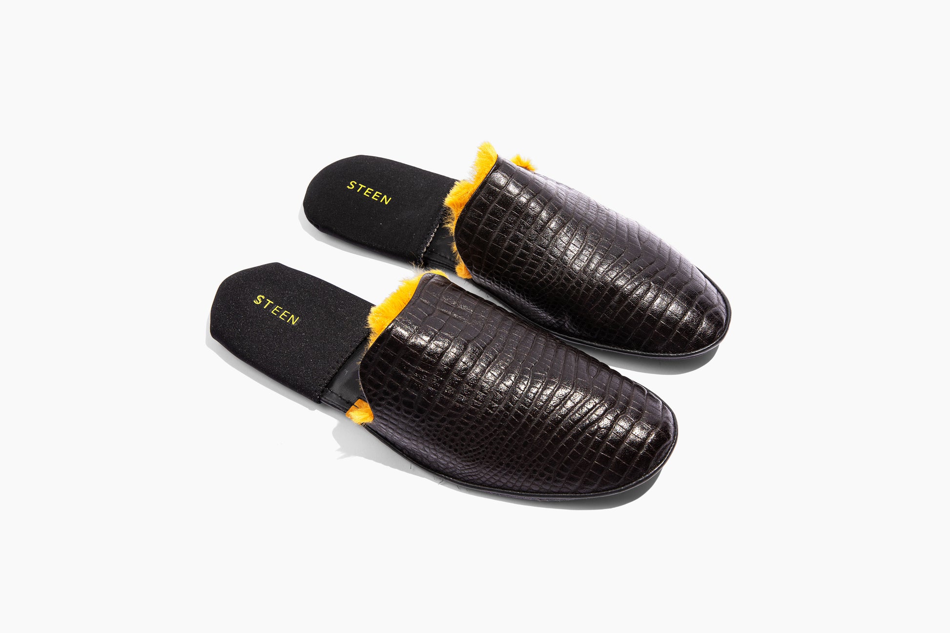Luxury crocodile embossed leather. Yellow Eco-fur lining. Foldable travel slipper. Handmade in Italy.