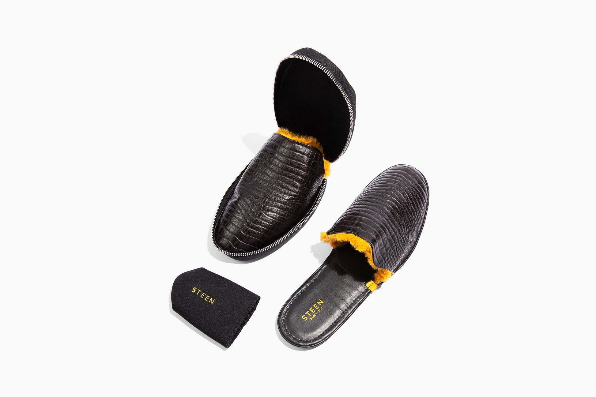 Luxury crocodile embossed leather. Yellow Eco-fur lining. Foldable travel slipper. Handmade in Italy.