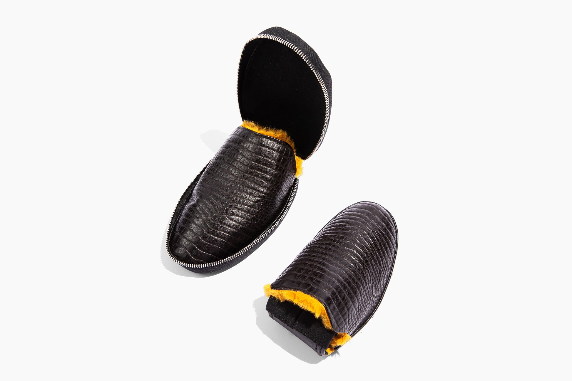 Luxury crocodile embossed leather. Yellow Eco-fur lining. Foldable travel slipper. Handmade in Italy.